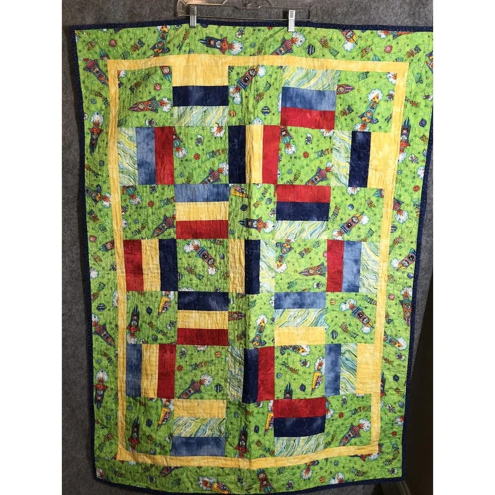 Handmade Quilt 48x36 Green Kids Space Blast Off Coverlet Wall Hanging